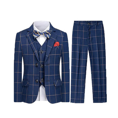 Gentleman Kids Blue 4Piece/Set Jacket Vest Pants Bowtie Photograph Suit Boys Piano Dress Children Graduation Performance Costume