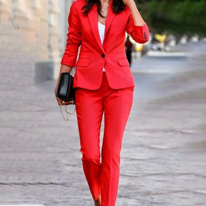 Red Women's Slim Fit 2pcs Suit Fashion Style Blazer Pants Outfit for Party Wedding Prom Evening Dress Office Lady Clothes