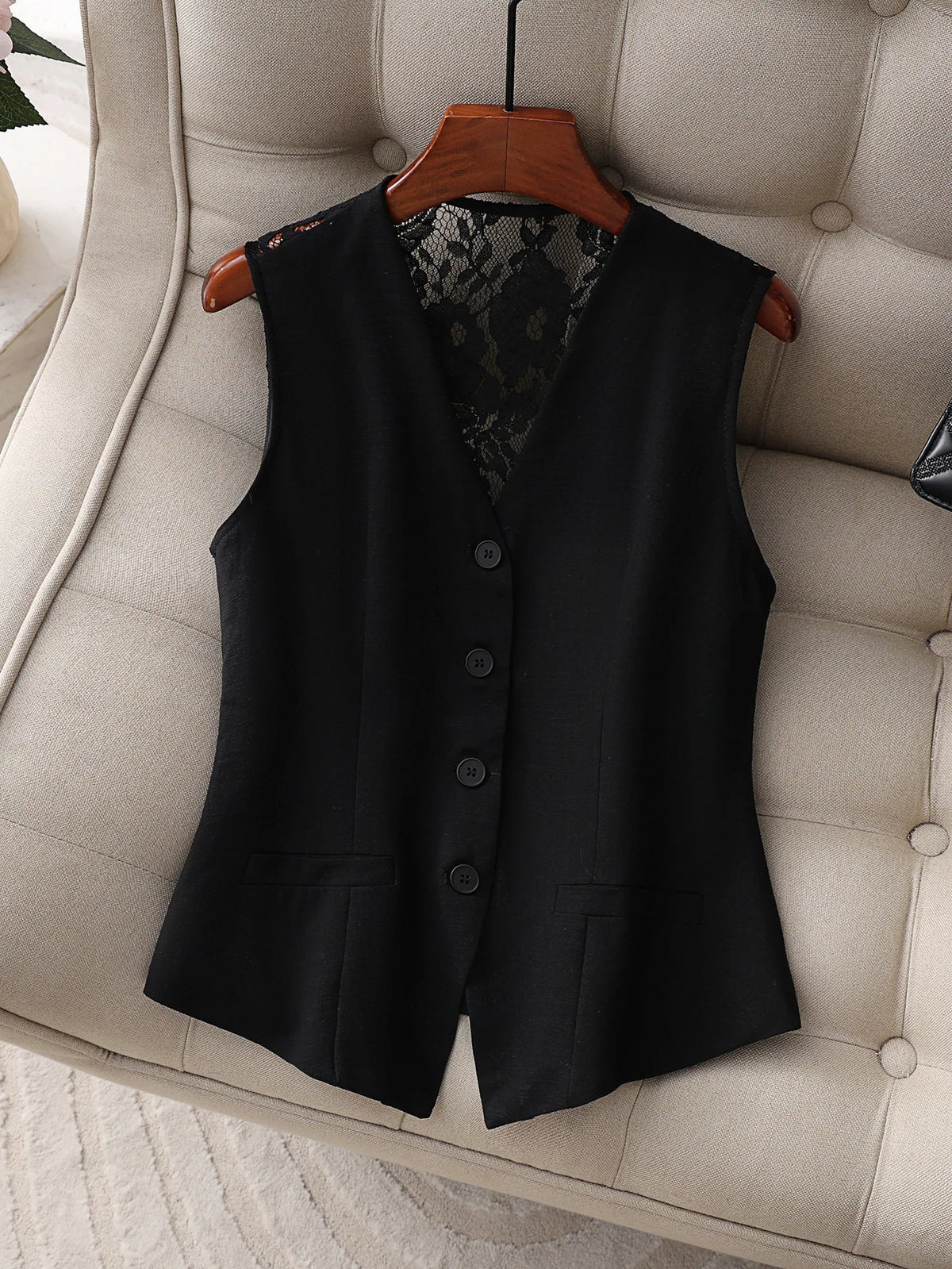 Women's Lace Back Suit Vest, V-Neck Button Down Waistcoat, Elegant Sleeveless Blazer for Office Business Formal Wear, Black