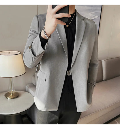 Men's Slim Fit Blazer Metal Buckle Decoration Smart Casual Wedding Party Jacket