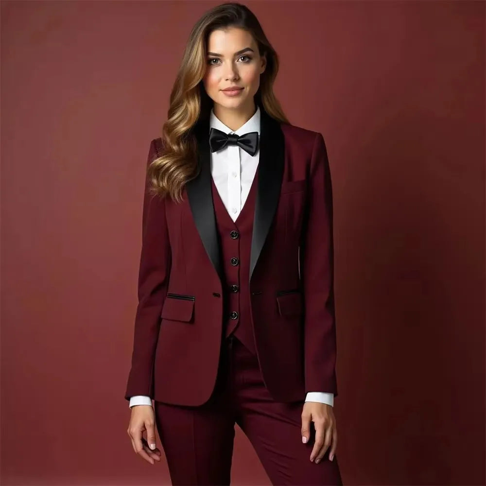 Women's Suit 3 Pieces Purple/Burgundy Fashion Pantsuits Single Breasted Blazer Vest Pants Outfits Social Party Female Clothing