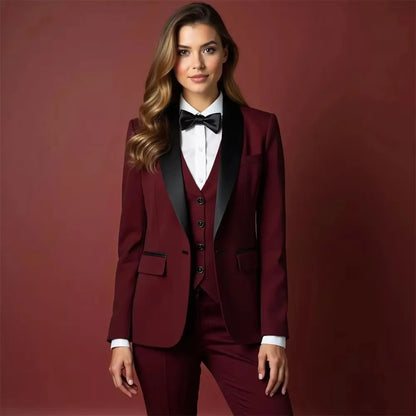 Women's Suit 3 Pieces Purple/Burgundy Fashion Pantsuits Single Breasted Blazer Vest Pants Outfits Social Party Female Clothing