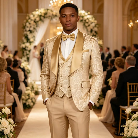 Costume Jacquard Champagne Formel Homme, Revers Châle Simple Boutonnage, Gilet et Pantalon Élégant, Ensemble 3 Pièces pour Mariage Soirée Bal de Promo