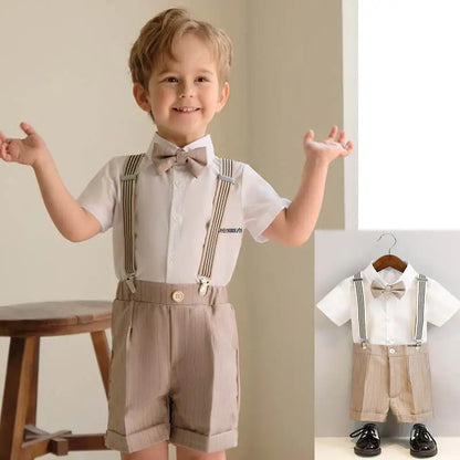Boys Formal Khaki Tuxedo Dress School Performance Clothing Set Kids Wedding Photography Suit Children Birthday Gift Set Costume