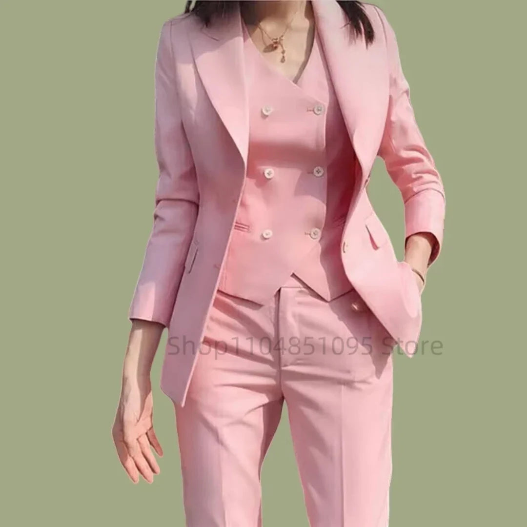 Pink Women Plus Size Suit 3 Piece Single Breasted Slim Fit Temperament Suitable For Business Work Set Jacket Vest With Pants