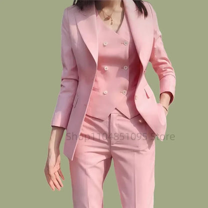 Pink Women Plus Size Suit 3 Piece Single Breasted Slim Fit Temperament Suitable For Business Work Set Jacket Vest With Pants