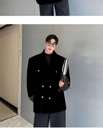 Double Breasted Korean High Quality Blazer Original Elegant Temperament Casual Male Suit Jackets Velvet New Coats LZ7346