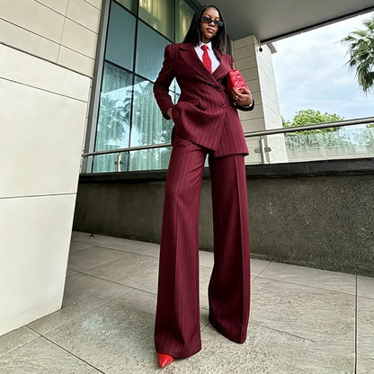 Elegant Women Pinstripe Double Breasted Suit 2‑Piece Ivory Blazer Wide Leg Pants Set Formal Business Evening Party Outfit