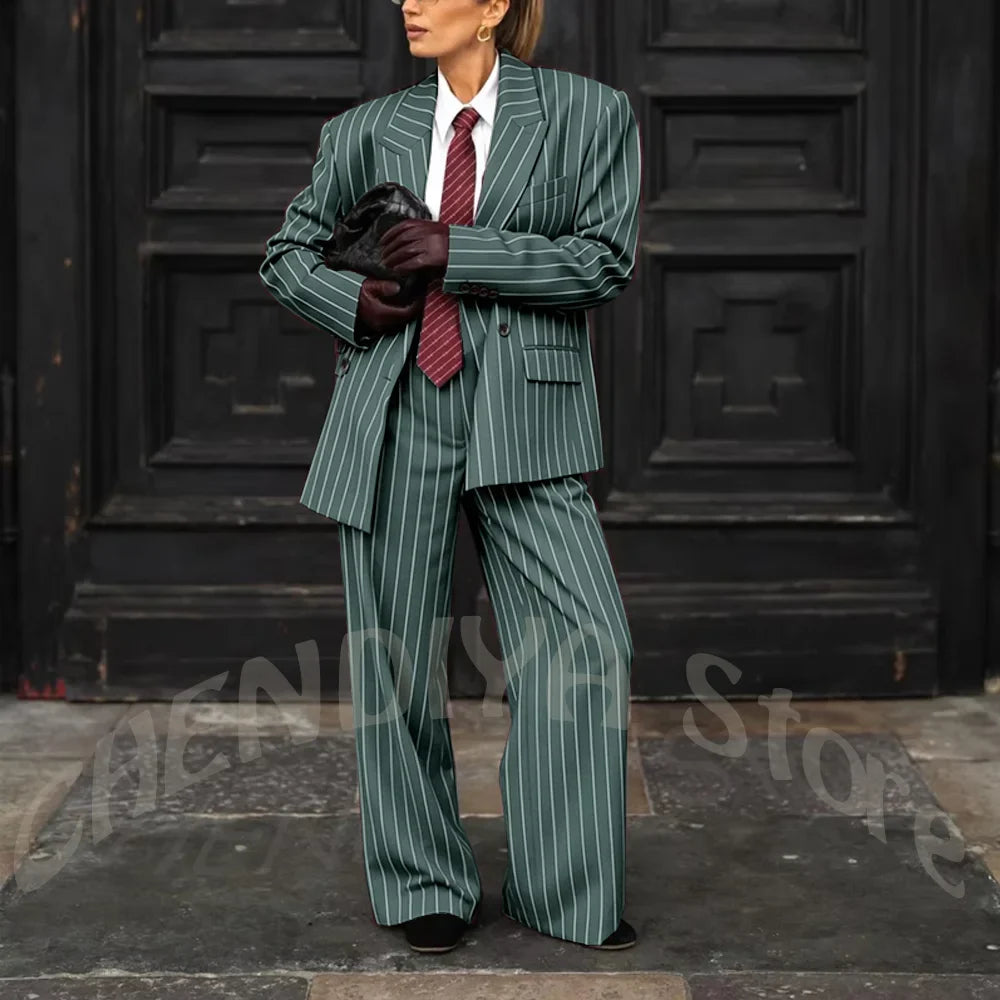 Burgundy Striped Casual Women Suit Two Pieces Jacket Pants Loose Fit Peak Lapel Blazer Set Evening Party Prom Lady Outfit