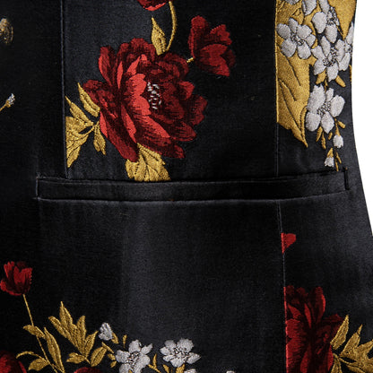 Men's Black Gold Red Floral Jacquard Shawl Lapel Blazer Single Breasted Tuxedo Jacket Suit Coat for Wedding Prom Party Outerwear