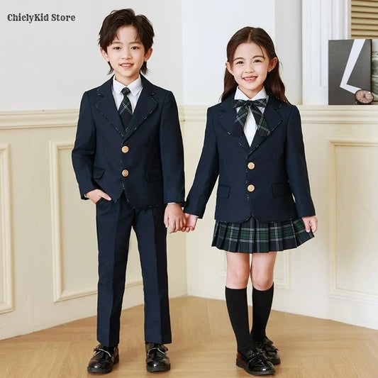 Children British School Uniforms Girls Preppy Jacket Pleated Skirts Boys Blazers Pants Suits Kids Teenage Student Clothes Sets