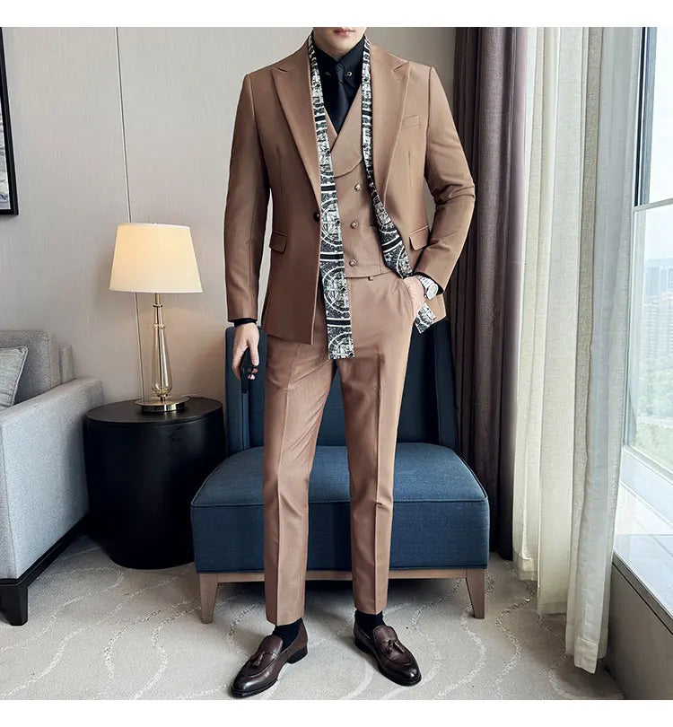 Scarf With Design Double Collar Suit Men's Business Casual Groom Wedding Slim Fit Suit Tuxedo 3-piece Set (Jacket+Vest+Pant)