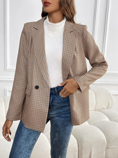 Spring Autumn 2026 Vintage Houndstooth Blazer Women Notched Loose Jacket Coat Women Clothing Female Casual 63997