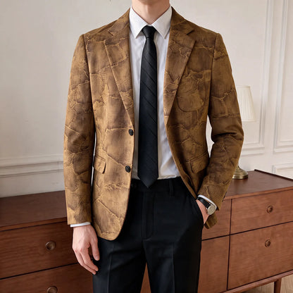 Men's Embossed Suede Blazer Smart Casual Single Breasted Jacket for Everyday Wear