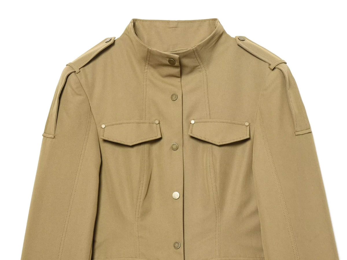 Fashion Women Slim Safari Blazer Jacket 2026 Stand Collar Long Sleeve Pocket Vintage Trench Coat Female Elegant Street Blazer