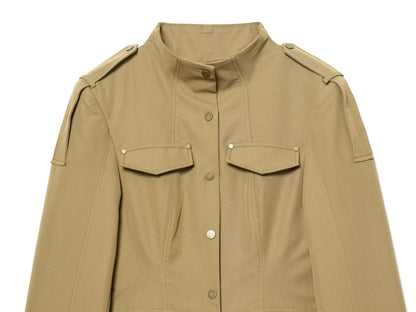 Fashion Women Slim Safari Blazer Jacket 2026 Stand Collar Long Sleeve Pocket Vintage Trench Coat Female Elegant Street Blazer