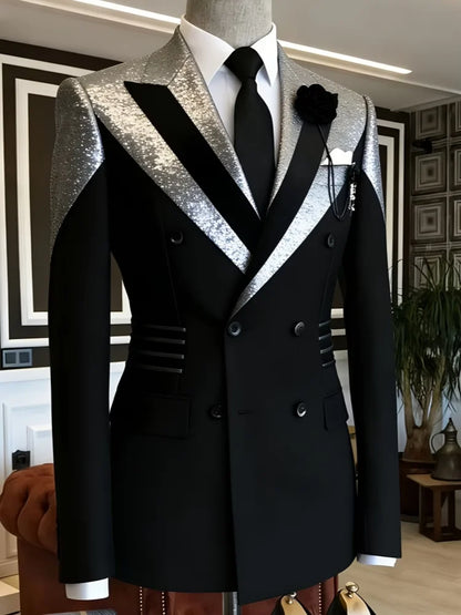 Men's High-Quality Business Suit Men Black Silver Glitter Double Breasted Blazer, Slim Fit Wedding Groom Banquet Formal Jacket