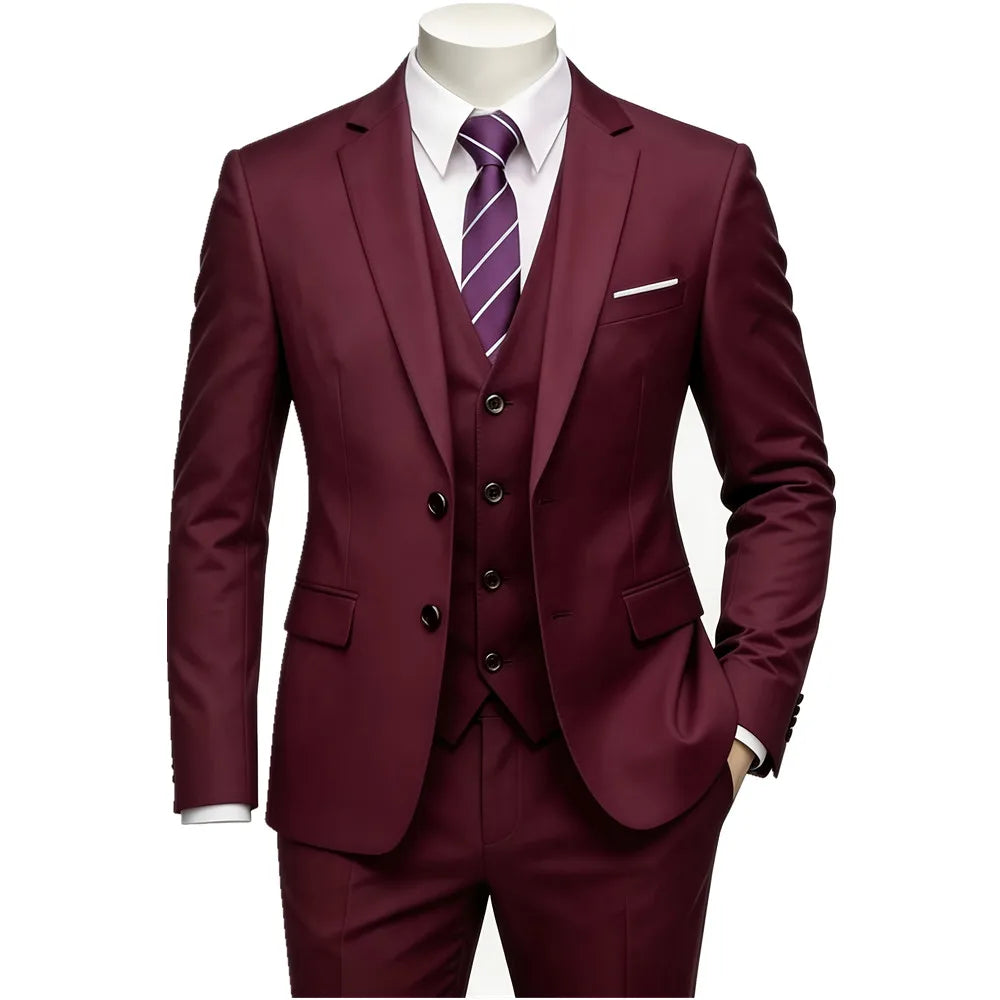 High-quality men's wedding British-style fashionable, cool, versatile, trendy business casual solid color suit three-piece set