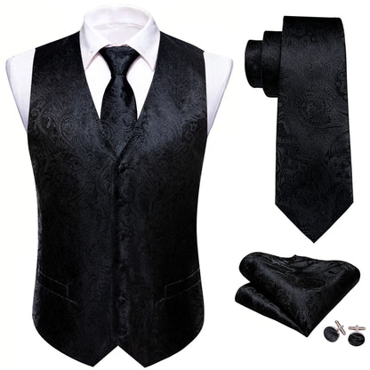 Men's Formal Vest Tie Set 4-Piece Paisley Jacquard Waistcoat for Men Wedding Business
