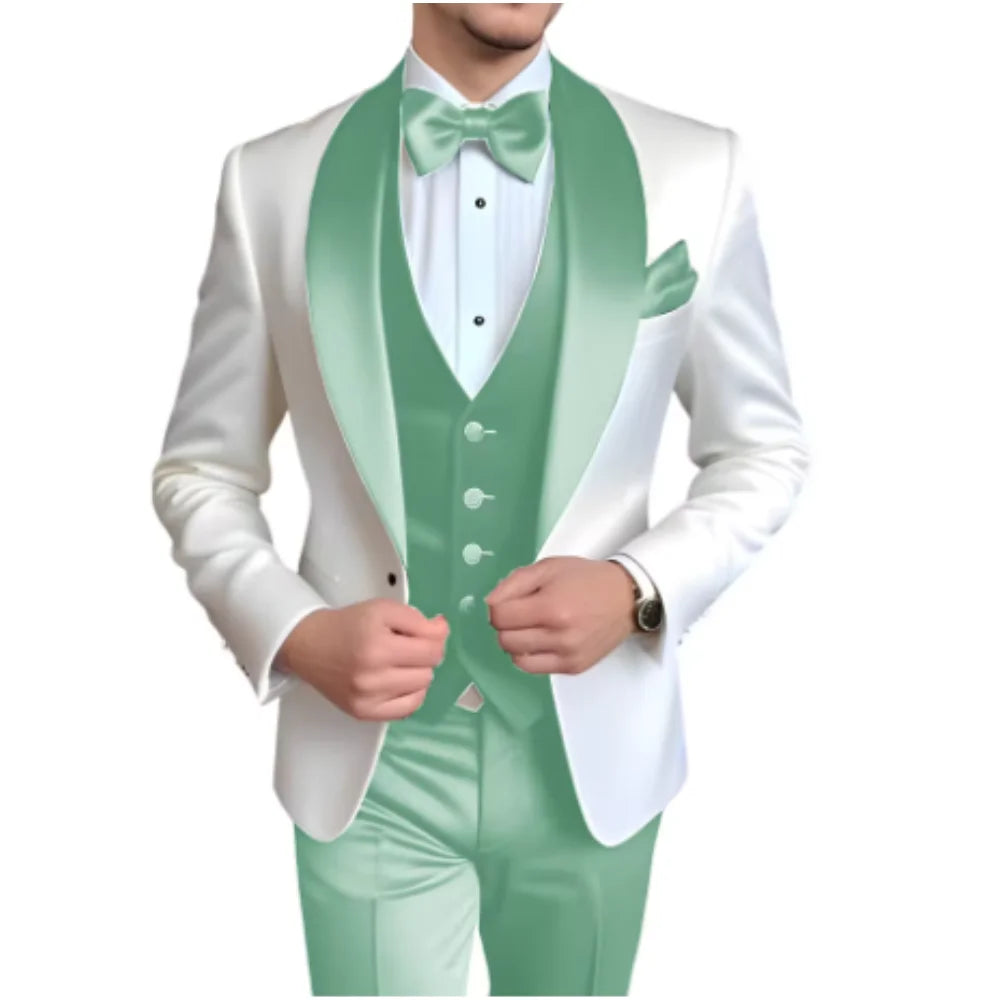 Men's 3-Piece Suit with Scarf Lapel — Single-Breasted Tuxedo for Weddings & Formal Events