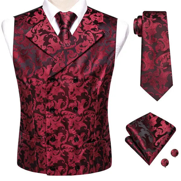 Men's Double Breasted Vest Set – Floral Jacquard Waistcoat with Tie, Pocket Square & Cufflinks for Weddings & Formal Events