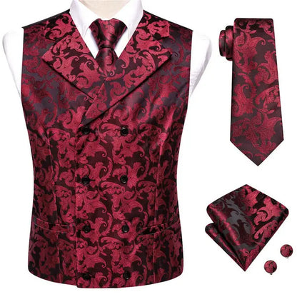 Men's Double Breasted Vest Set – Floral Jacquard Waistcoat with Tie, Pocket Square & Cufflinks for Weddings & Formal Events