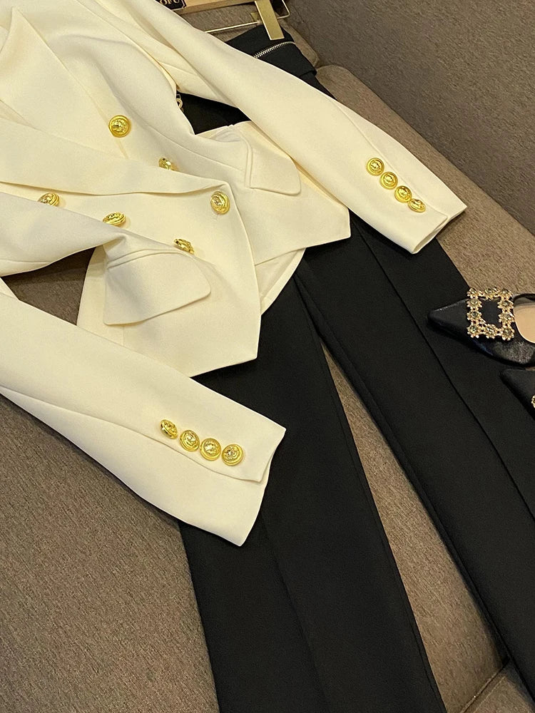 Business Commute Style Women's Long Sleeve Double-Breasted Suit Slim Fit Waist-Cinching Outerwear Fashion D9986