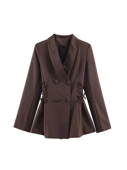 Women Brown Blazer Jacket Y2k 2000s Vintage Bandage Suit Coat Long Sleeve Double Breasted Oversize Outerwear Spring Autumn 2026