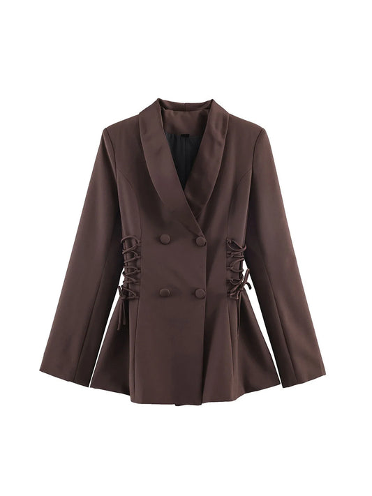 Women Brown Blazer Jacket Y2k 2000s Vintage Bandage Suit Coat Long Sleeve Double Breasted Oversize Outerwear Spring Autumn 2026