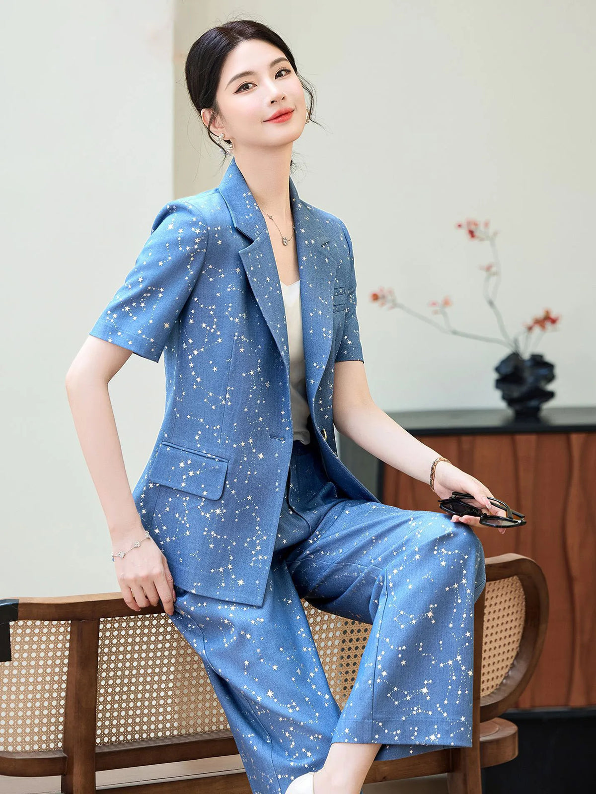 Fashion Blue Yellow Short Sleeve Professional Suit Women New Summer Elegant Formal Slim Blazer And Pants Office Ladies Work Wear