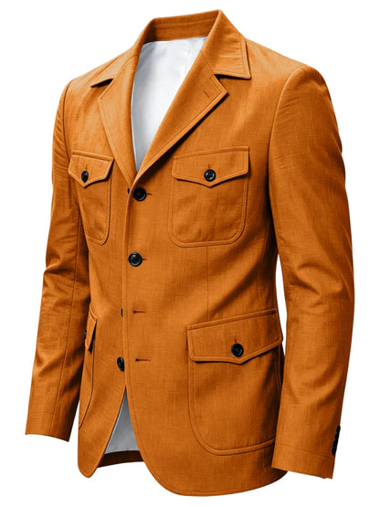 Men's Linen Safari Blazer Four Flap Pockets Slim Soft Jacket Casual Business Coat For Street Outdoor Vacation Party Daily Travel