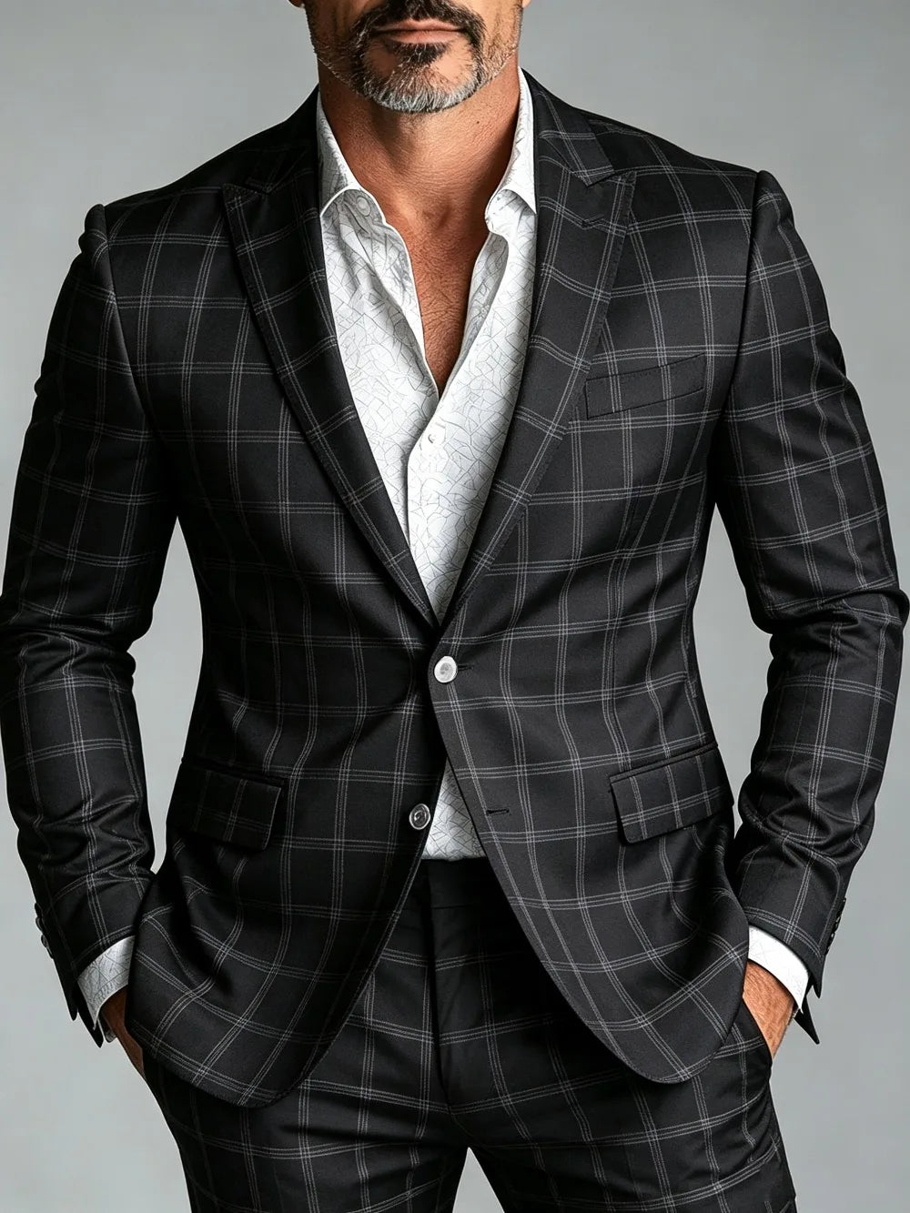 Men Luxury Classic Blazer Suit Black Plaid Pattern Single Breasted Business Night Club Wedding Dress Party Slim Fit Jacket