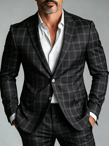 Men Luxury Classic Blazer Suit Black Plaid Pattern Single Breasted Business Night Club Wedding Dress Party Slim Fit Jacket