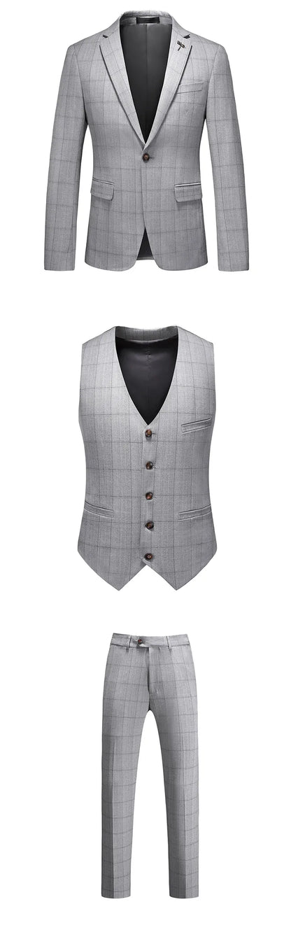 Business Casual Plaid (suit + Vest + Trousers) High-end Fashion Handsome Button Suit Korean Version Slim-fit Three-piece Set