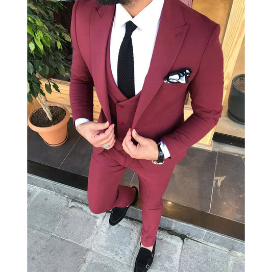 Blazer Men Suits Hombre Costume Jacket Pants Vest Three Piece Red Single Breasted Peaked Lapel Slim Fit Custom Made Groom