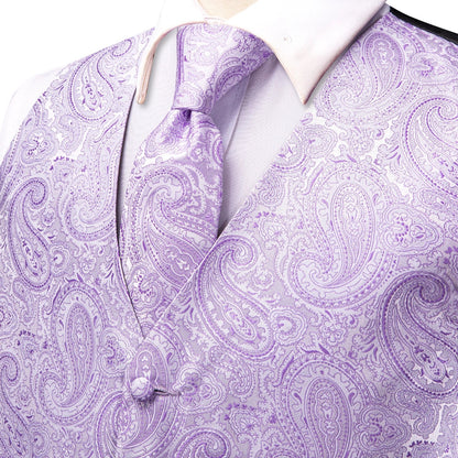 Men's Jacquard Floral Waistcoat Set with Tie, Pocket Square & Cufflinks – Purple Paisley, Wedding & Business