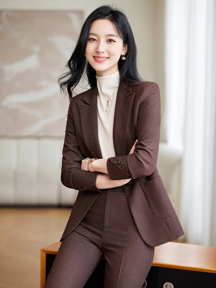 Brown Suits Women 2024 New Autumn High End Fashion Temperament Business Slim Blazer And Pants Sets Office Lady Work Wear