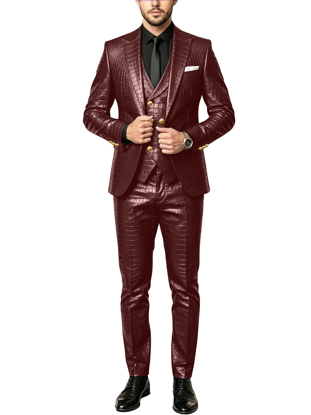 Men's 3 Piece Suit Crocodile Pattern Prime PU Leather Single Breasted Gold Buttons Slim Fit Wedding Dinner Party Formal Outfit ﻿