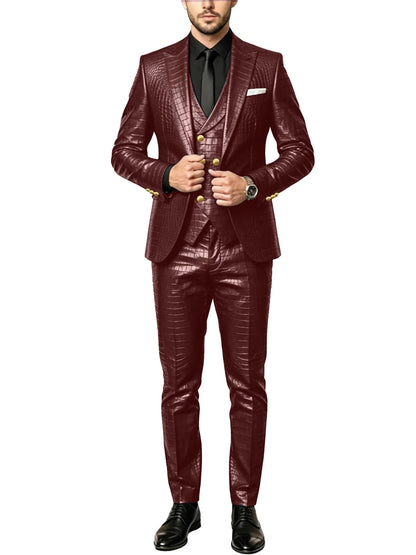 Men's 3 Piece Suit Crocodile Pattern Prime PU Leather Single Breasted Gold Buttons Slim Fit Wedding Dinner Party Formal Outfit ﻿