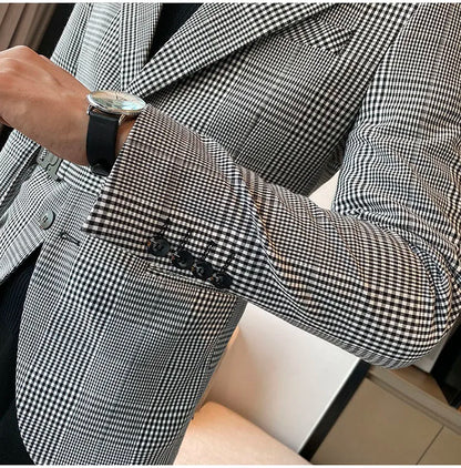 2025 Autumn Winter Classic Checkered Suit Jacket for Men Belt Decoration Slim Fit Casual Business Blazers Social Party Jacket