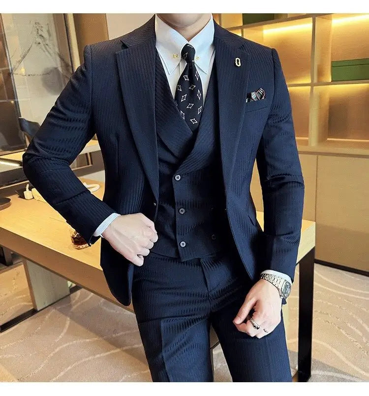 Men's Slim Fit 2-Piece Suit – Striped Single-Breasted Blazer and Trousers for Wedding, Business & Formal Wear