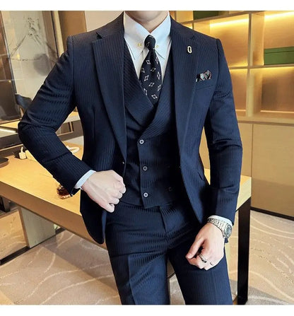 Men's Slim Fit 2-Piece Suit – Striped Single-Breasted Blazer and Trousers for Wedding, Business & Formal Wear