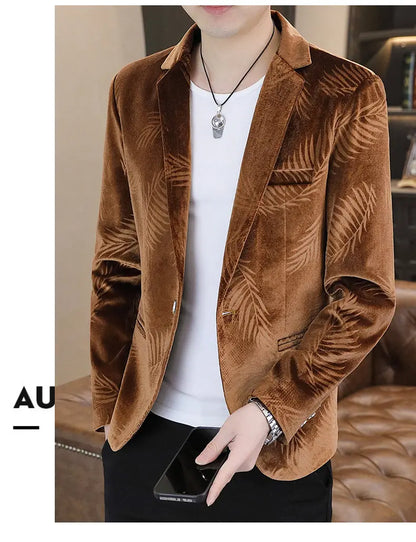 Men's Slim Fit Velvet Blazer – Bamboo Leaf Print Smart Casual Suit Jacket