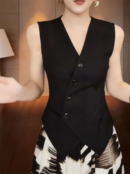 Korean Ladies Fashion Solid Color Cardigan Vest Coat Summer Women V-neck Suit Sleeveless Jacket Femme Casual Short Waistcoat Top