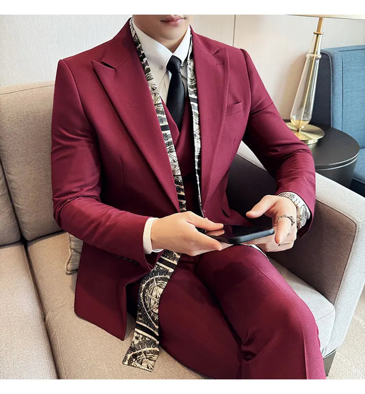 Double Collar Suit Set 3 Pieces Business Formal Casual Suits Vest Trousers Office Work Party Prom Wedding Groomsmen Clothing