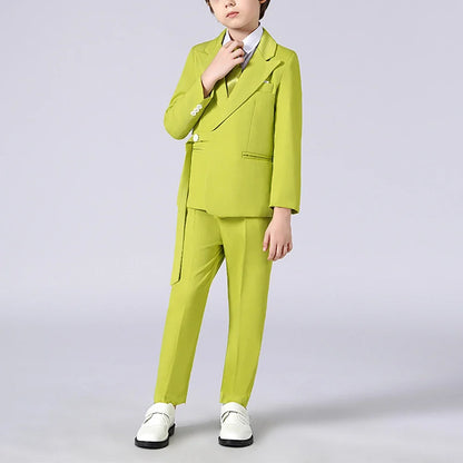 Fashion Boys Suits 2 Piece Latest Design Peak Lapel Blazer Sets with Belt High-end Casual Daily Solid Color Kids Clothes