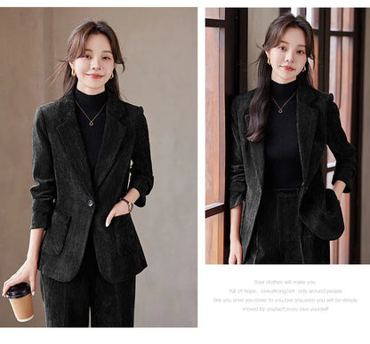 2024 Autumn New Corduroy Elegant Pant Suit Ladies Formal Business Work Wear 2 Piece Set Black Coffee Jacket Blazer And Trouser
