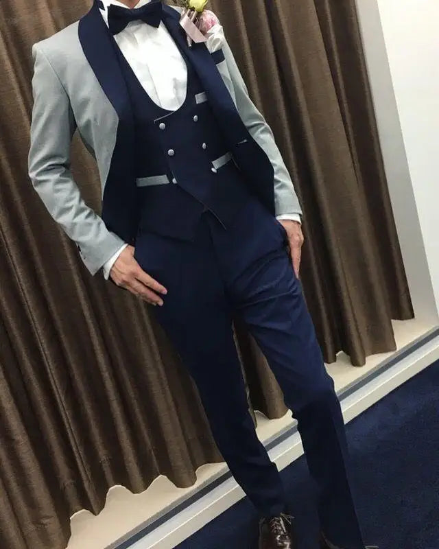 Light Grey Jacket Royal Blue Vest Pant Men Suit Slim Fit 3 Piece Tuxedo Costume Homme Groom Wedding Suits Terno Masculino