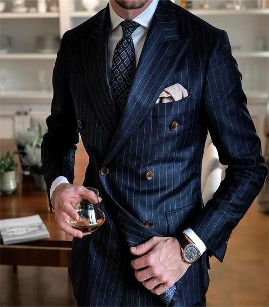 Ensemble costume homme 2 pièces chic rayé bleu marine de haute qualité, costume formel croisé à revers pointus, coupe slim, smoking décontracté élégant