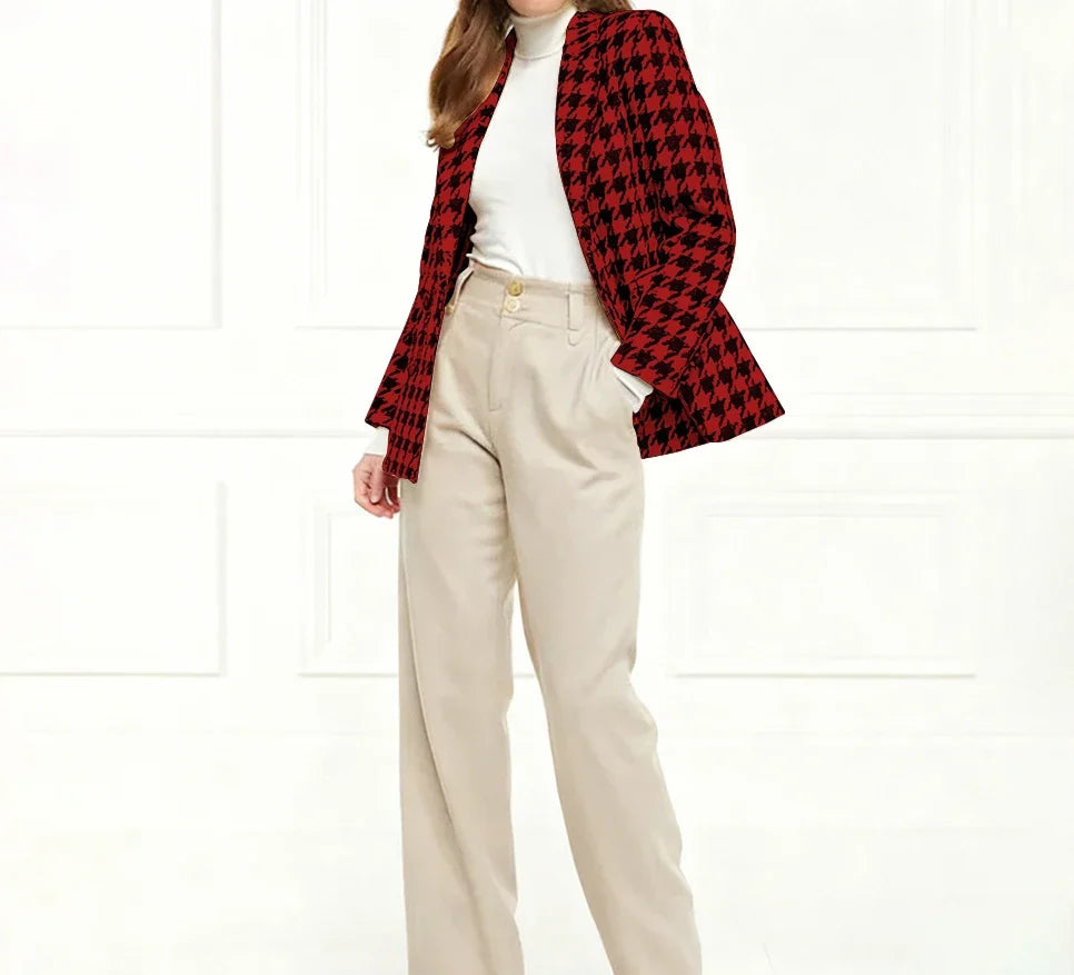 Chic Houndstooth Double Breasted Women Suit Two Pieces(Jacket+Pants) Lapel Outfits Chic Casual Party Prom Wedding Set